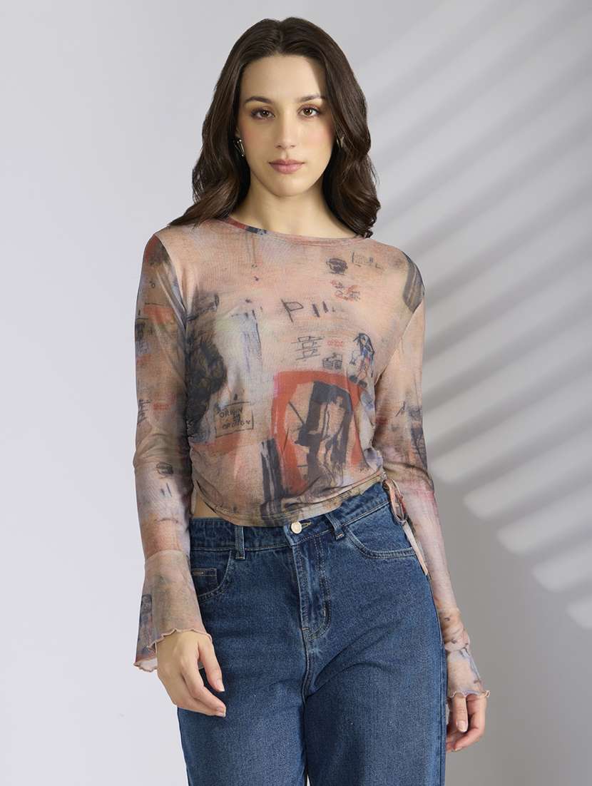 women printed long sleeve sheer ruched top - 22038296 -  Standard Image - 1