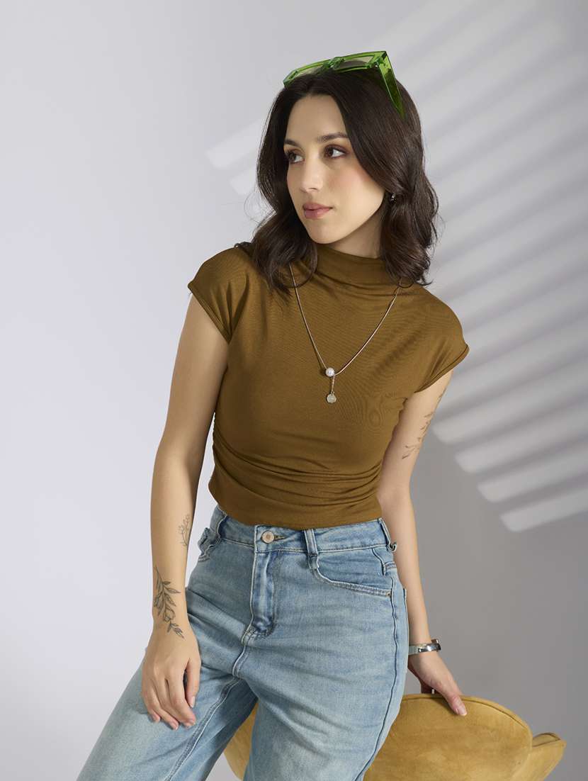 women olive solid short sleeve crop top