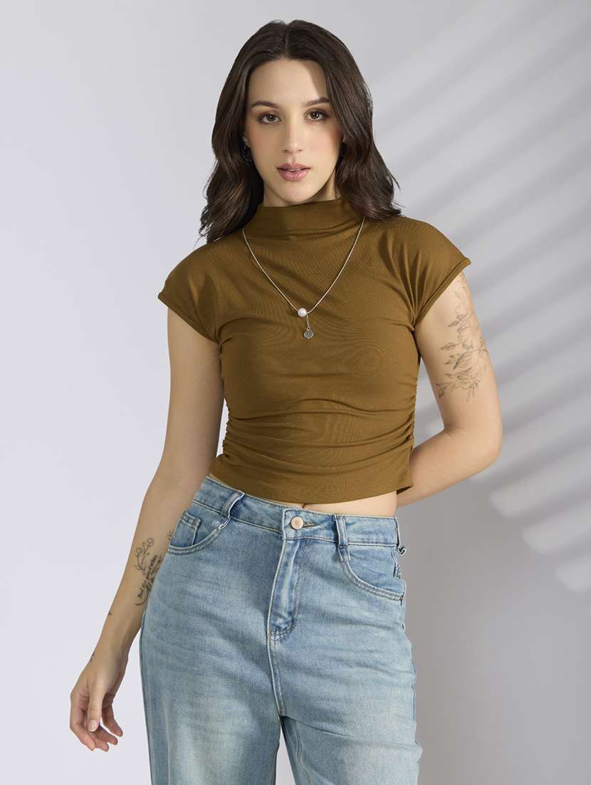 women olive solid short sleeve crop top - 22038307 -  Standard Image - 1