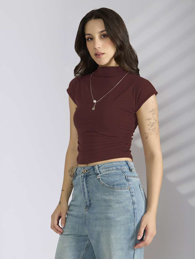 women solid short sleeve crop top - 22038308 -  Standard Image - 1
