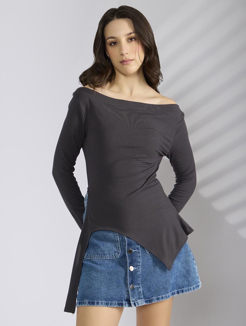 women solid off shoulder asymmetric top - 22038314 - Standard Image - 1
