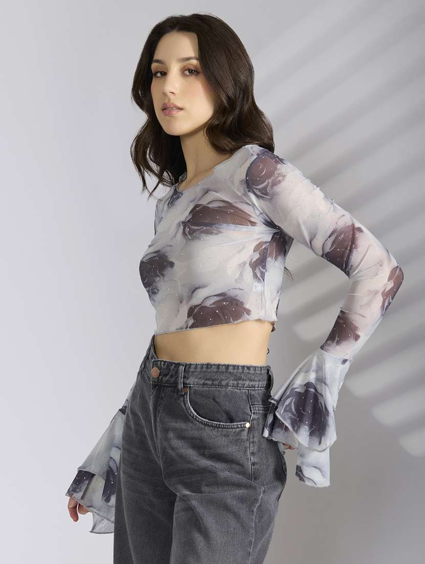 women printed bell sleeve crop top - 22038319 -  Standard Image - 1
