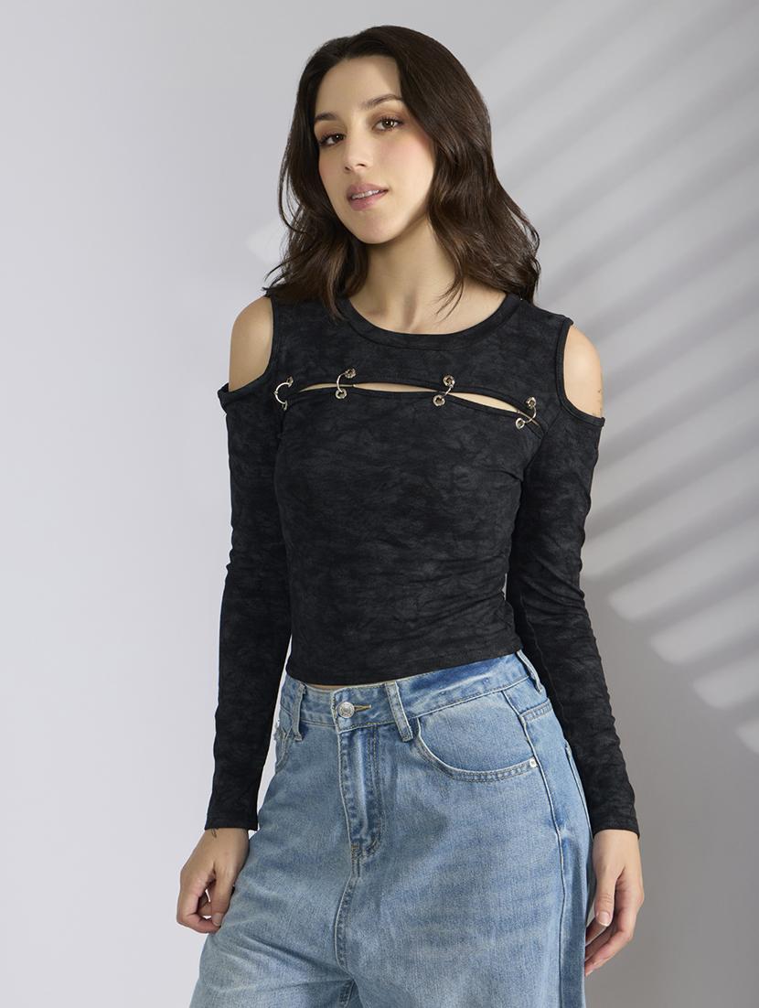 women black printed cold shoulder crop top - 22038320 - Standard Image - 1
