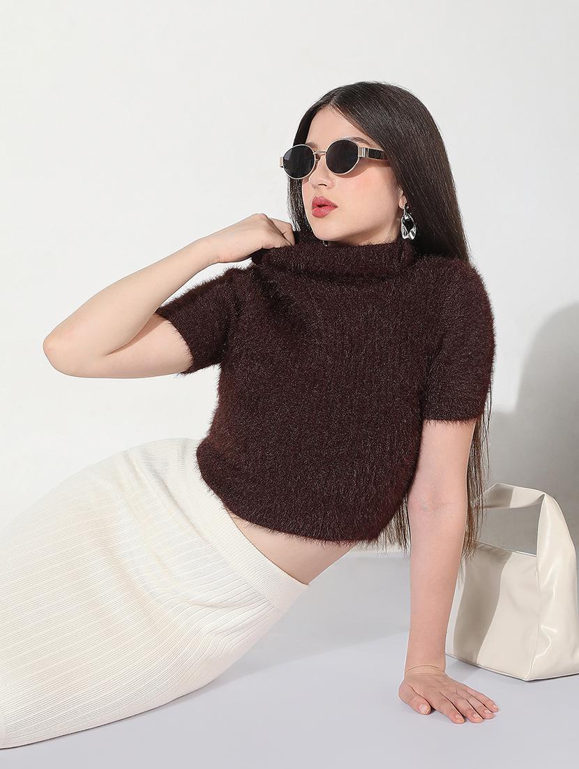 women brown solid high neck short sleeve crop top - 22038321 - Standard Image - 1