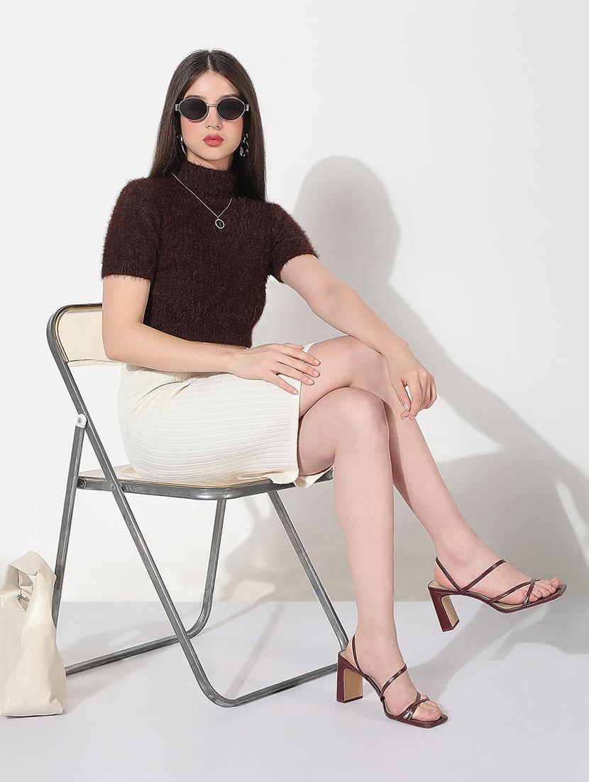 women brown solid high neck short sleeve crop top - 22038321 - Standard Image - 4