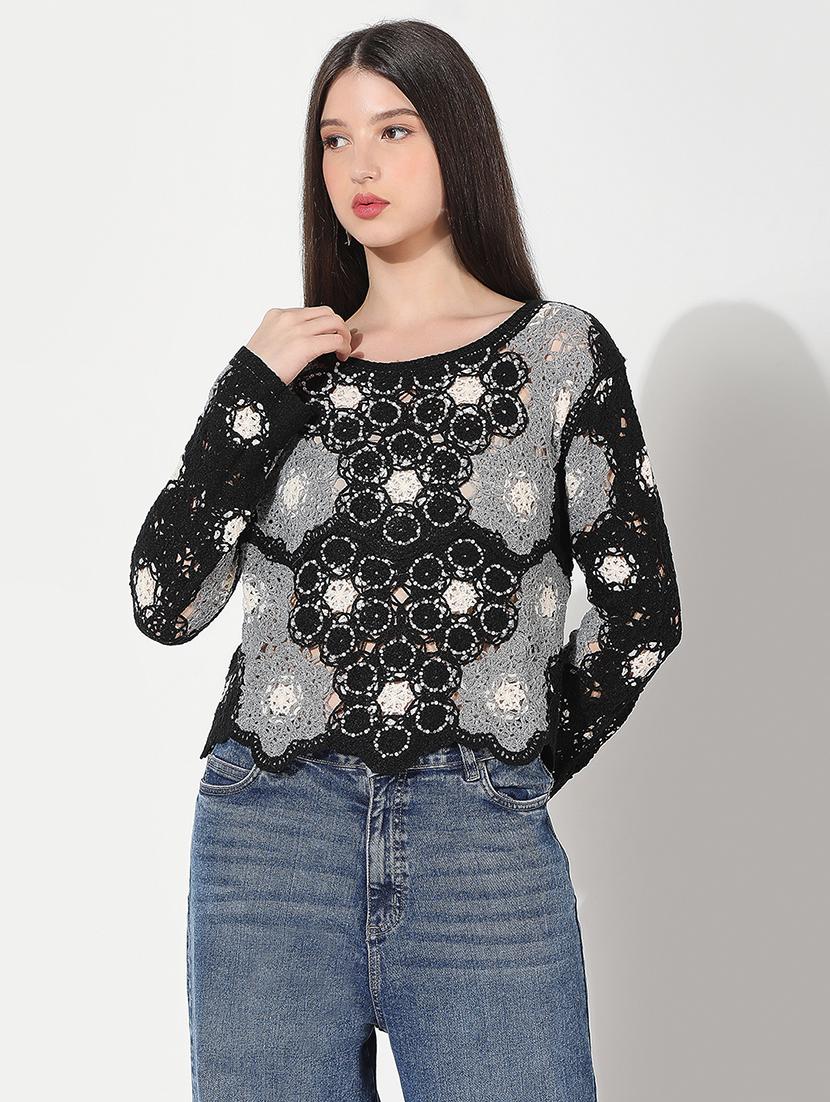 women self designed long sleeve crochet top - 22038323 -  Standard Image - 1