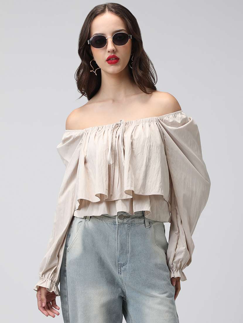 women solid off shoulder long sleeve layered top