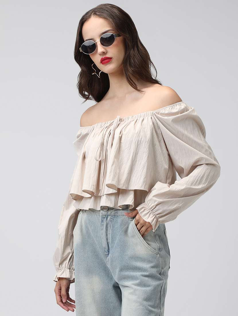 women solid off shoulder long sleeve layered top - 22038327 -  Standard Image - 1