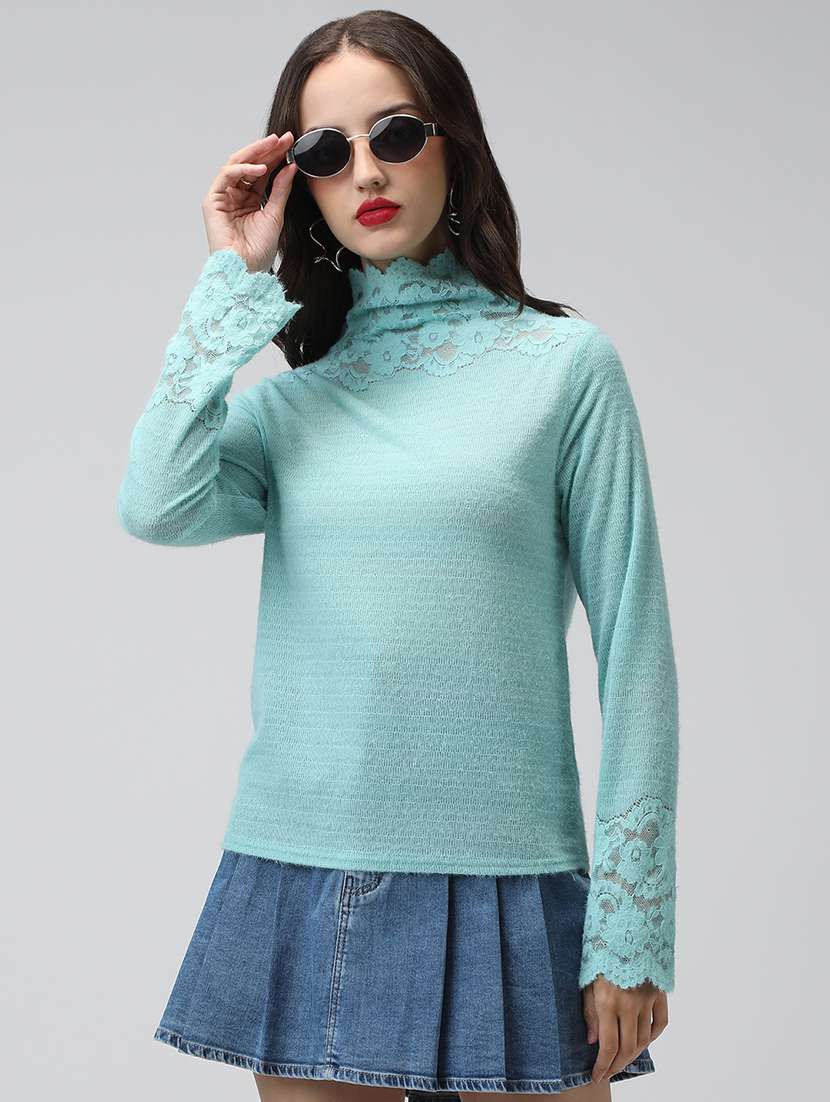 women solid mock neck long sleeve pullover