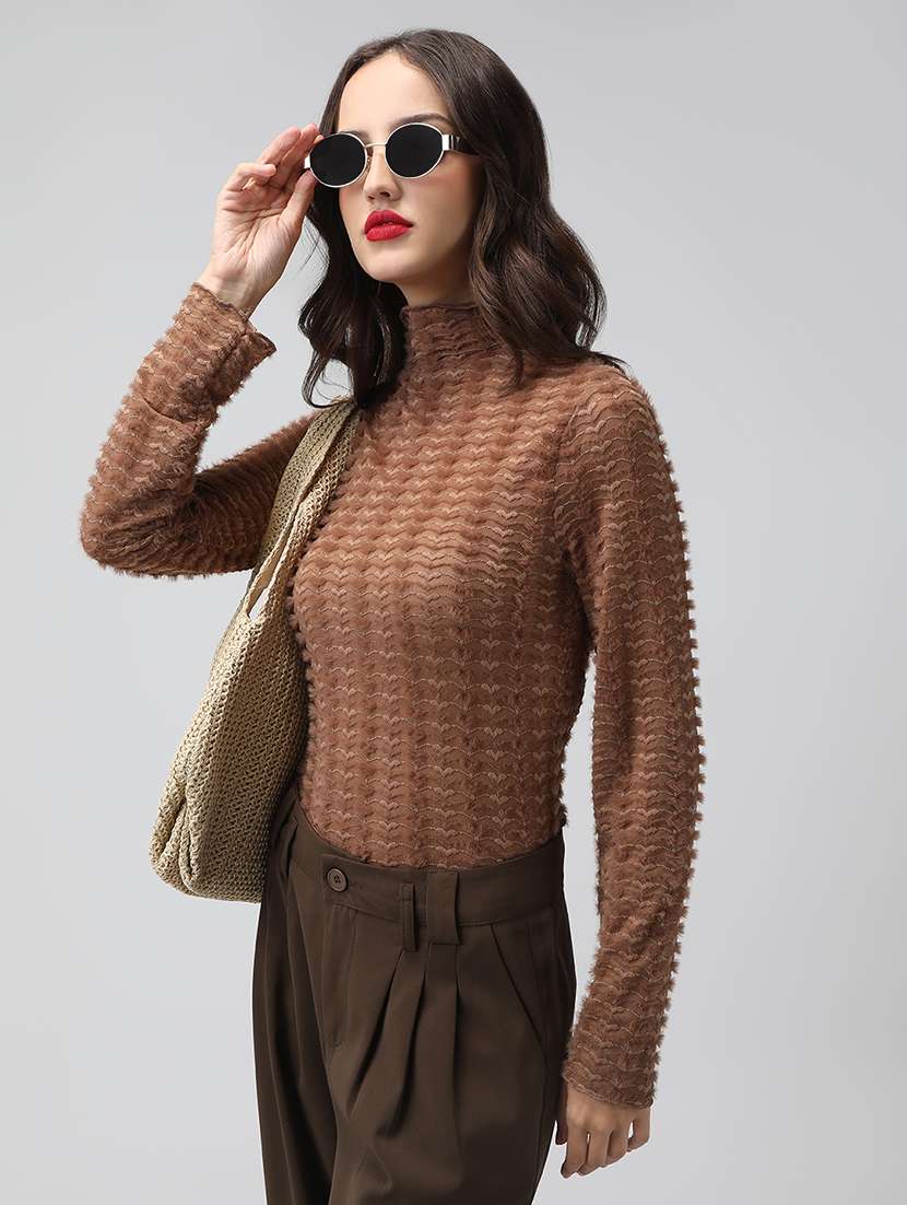 women brown self designed long sleeve top - 22038334 -  Standard Image - 1