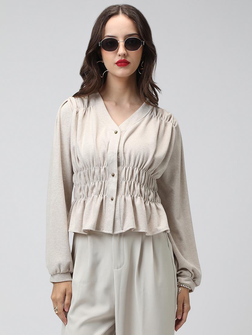 women grey solid long sleeve crop top - 22038336 - Standard Image - 1