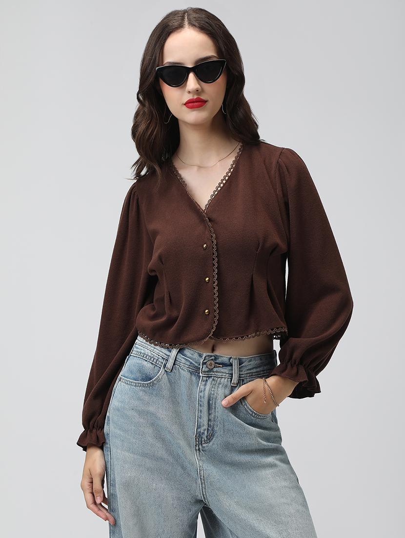 women brown solid long sleeve crop top - 22038338 - Standard Image - 1