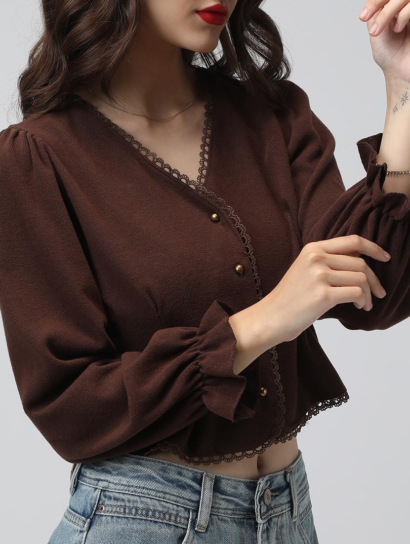 women brown solid long sleeve crop top - 22038338 - Standard Image - 4