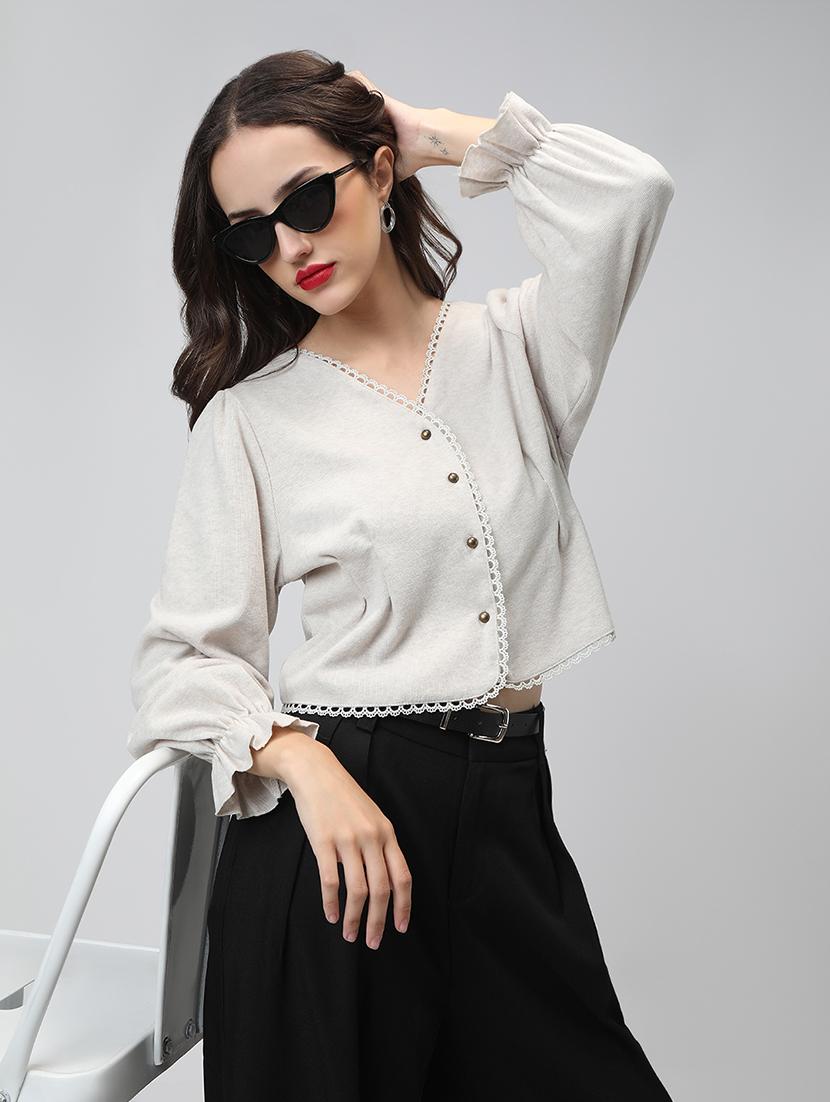 women grey solid long sleeve regular top - 22038339 - Zoom Image - 0