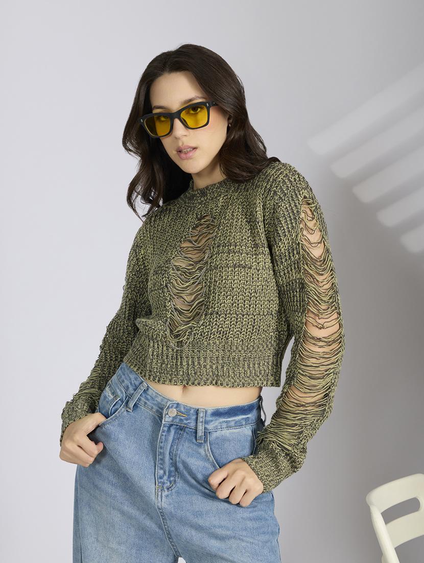 women solid distressed long sleeve pullover - 22038344 - Standard Image - 1