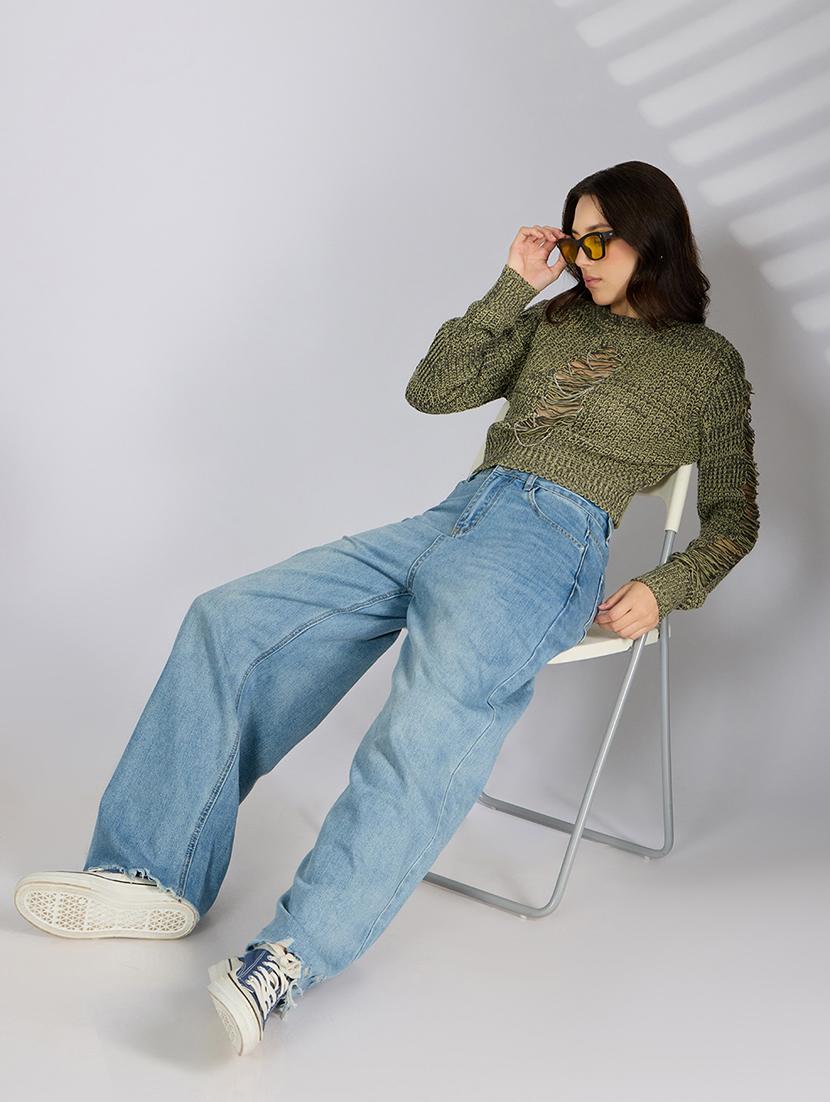women solid distressed long sleeve pullover - 22038344 - Standard Image - 4