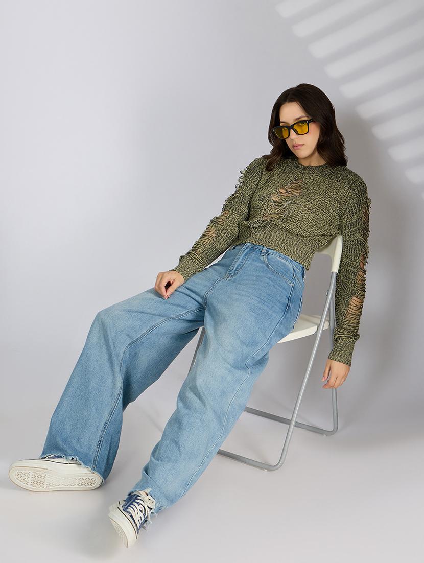 women solid distressed long sleeve pullover - 22038344 - Standard Image - 6
