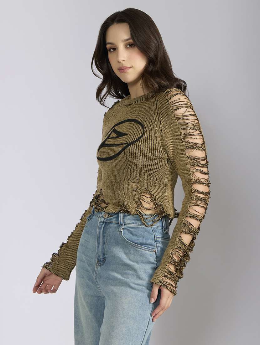 Women Printed Distressed Long Sleeve Pullover