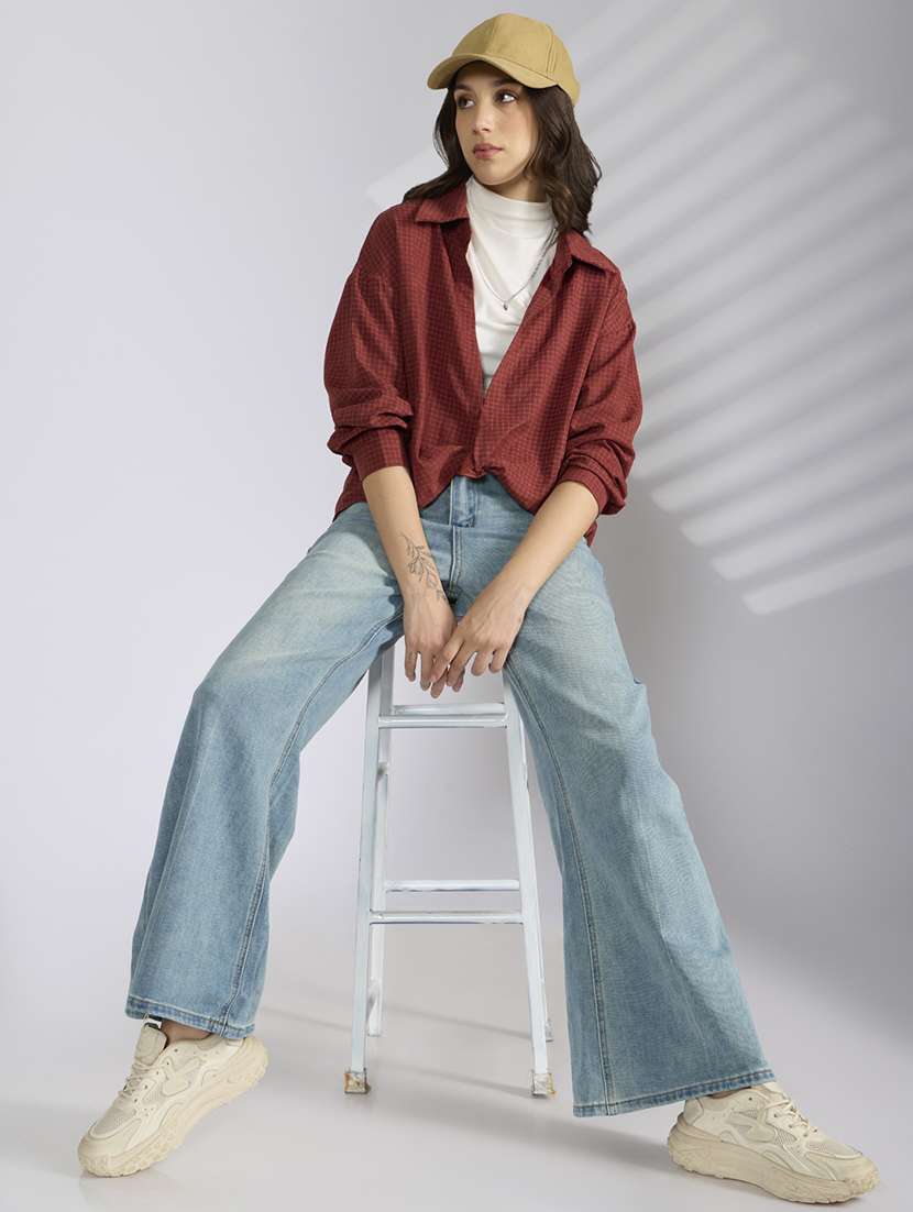 women checkered collared shirt top with slip - 22038347 -  Standard Image - 6