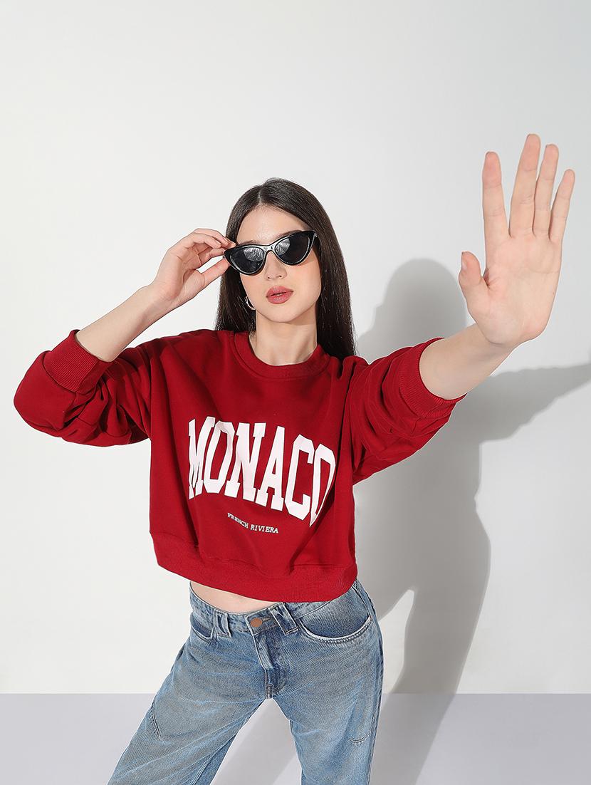 women printed long sleeve cropped pullover - 22038350 - Standard Image - 1