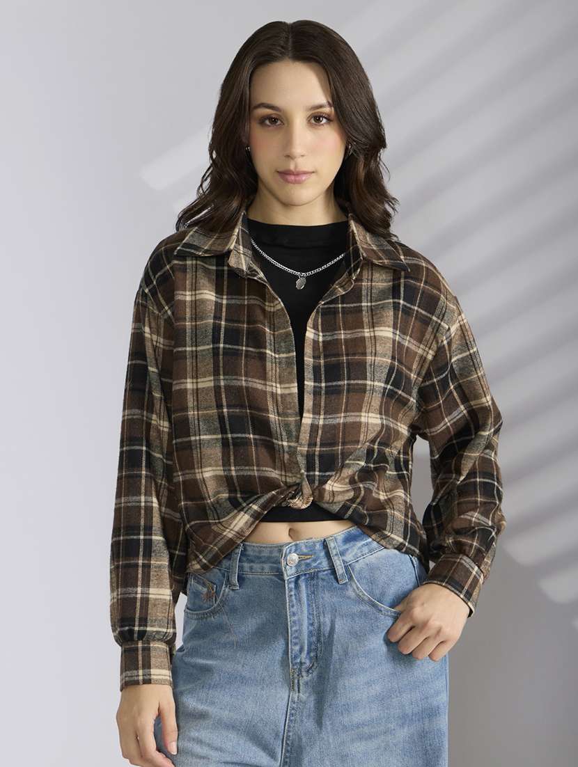 women checkered collared shirt top with slip - 22038352 -  Standard Image - 1