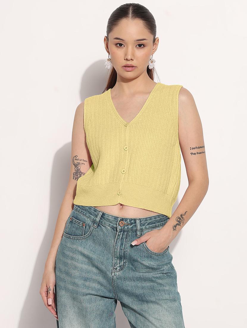 women yellow solid sleeveless crop top - 22038353 - Standard Image - 1