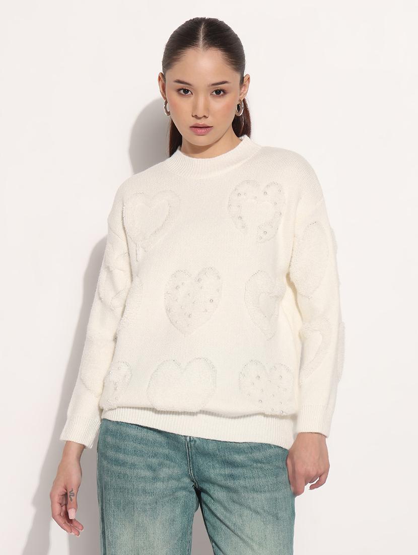 women off white solid long sleeve pullover - 22038354 - Standard Image - 1