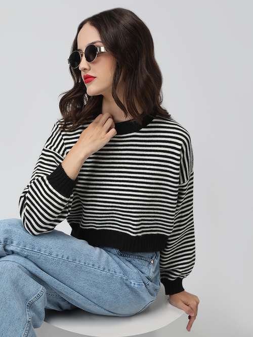 women striped long sleeve cropped pullover
