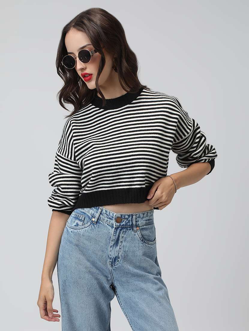 women striped long sleeve cropped pullover - 22038355 -  Standard Image - 1