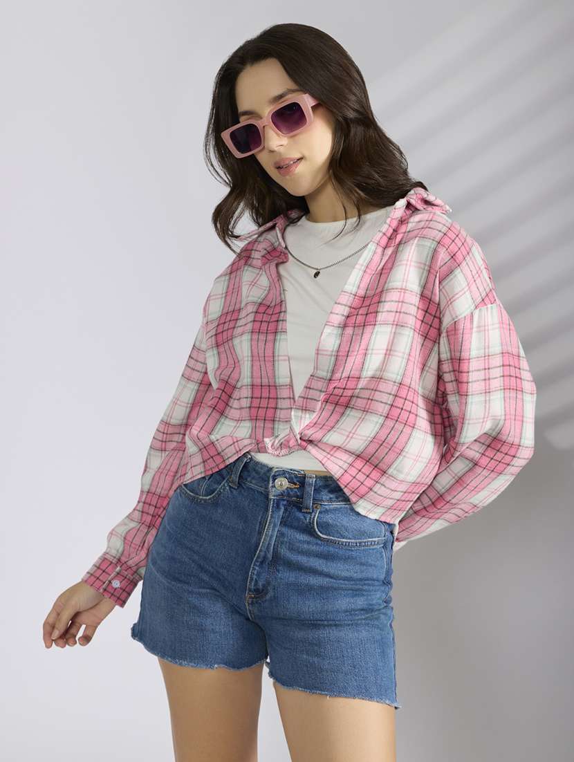 women checkered collared shirt top with slip