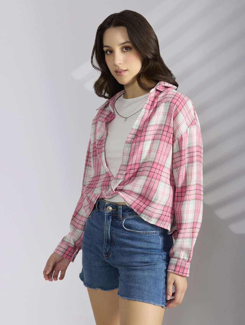women checkered collared shirt top with slip - 22038356 -  Standard Image - 1