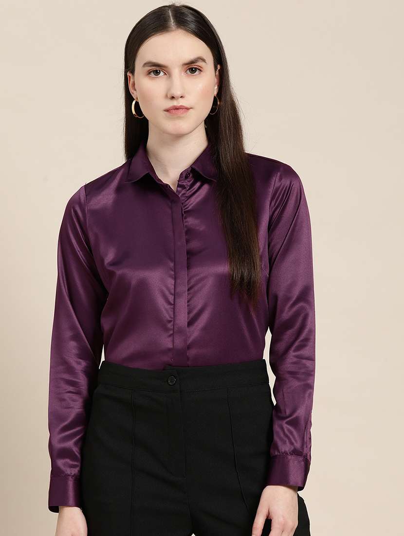 women solid collared long sleeve shirt - 22038360 -  Standard Image - 1