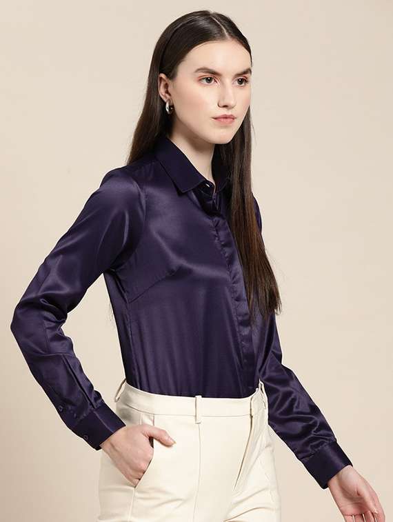 women solid collared long sleeve shirt - 22038366 -  Standard Image - 1