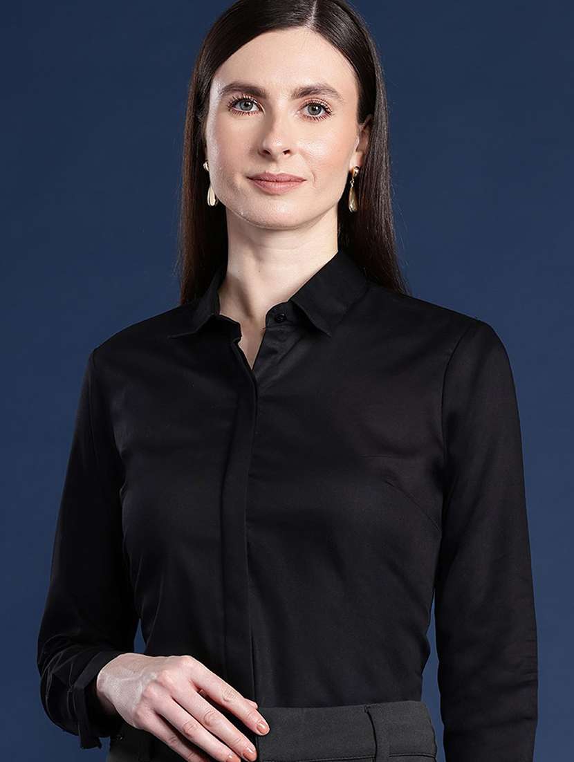women solid collared long sleeve regular fit shirt