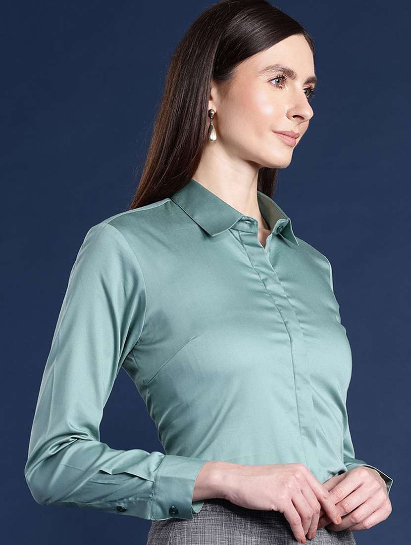 women solid collared long sleeve shirt - 22038373 -  Standard Image - 1