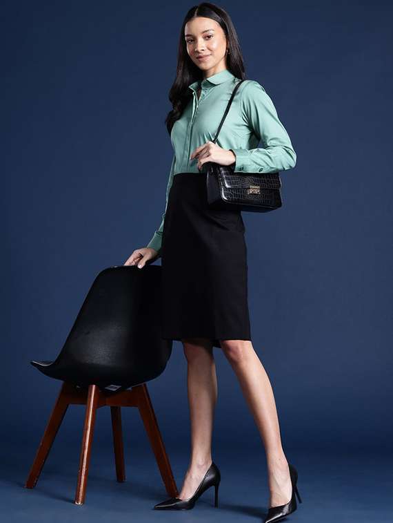 women solid collared long sleeve shirt - 22038373 -  Standard Image - 4