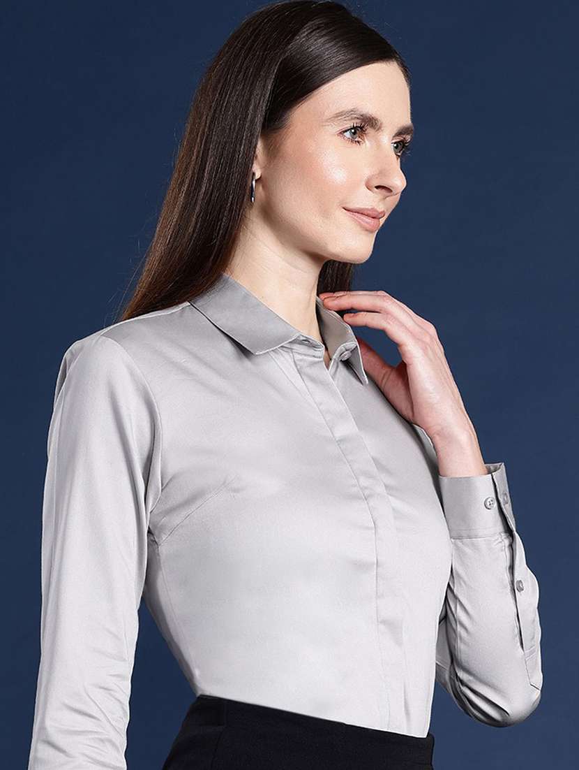 women solid collared long sleeve shirt - 22038374 - Standard Image - 1