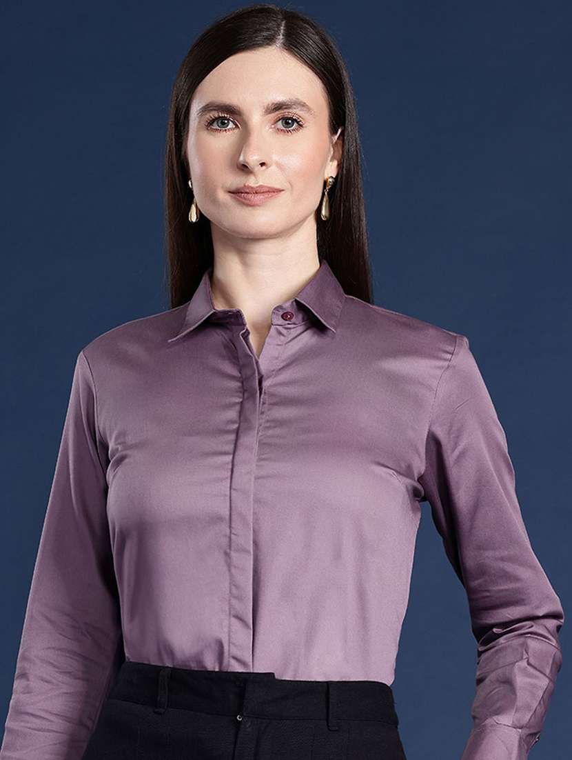 women solid collared long sleeve shirt