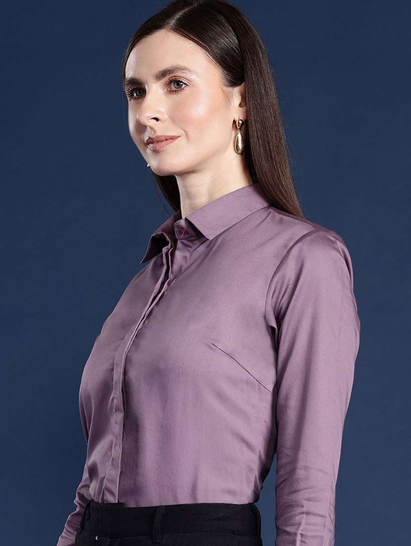 women solid collared long sleeve shirt - 22038376 -  Standard Image - 1