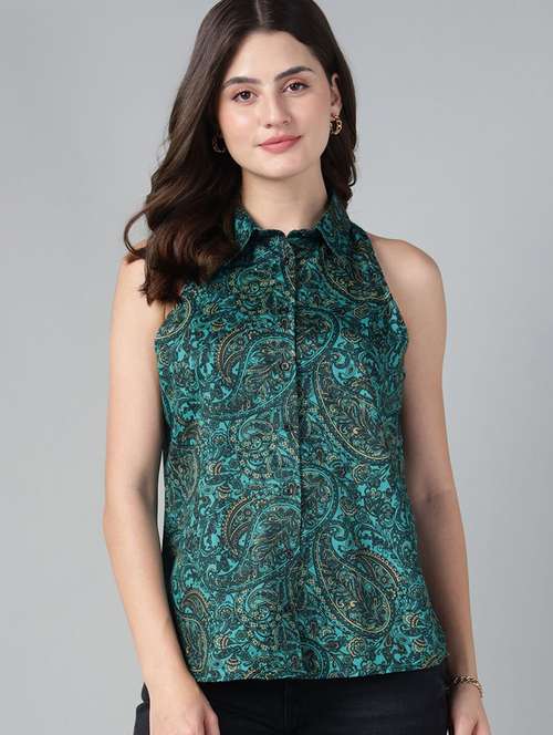 women printed collared sleeveless regular fit shirt - 22038382 - Standard Image - 0