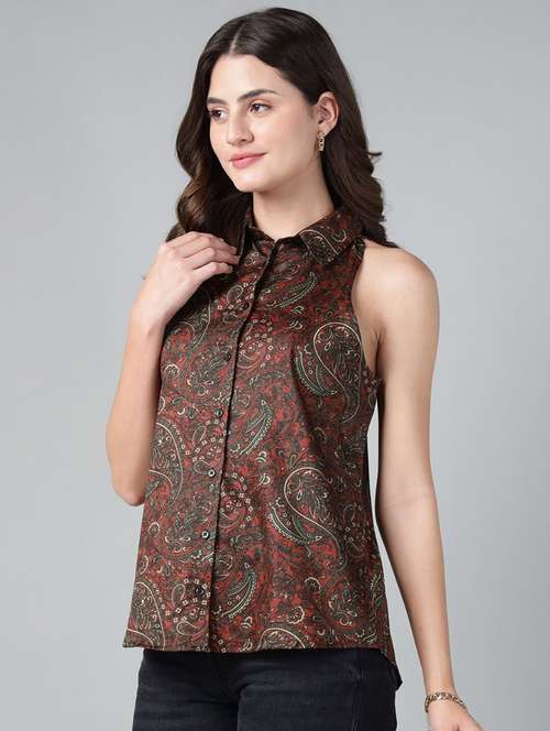 women printed collared sleeveless regular fit shirt - 22038383 -  Standard Image - 0