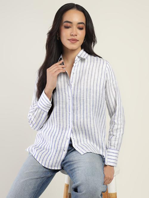 women striped collared long sleeve shirt - 22038385 -  Standard Image - 0