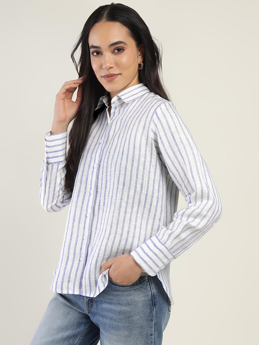 women striped collared long sleeve shirt - 22038385 -  Standard Image - 1