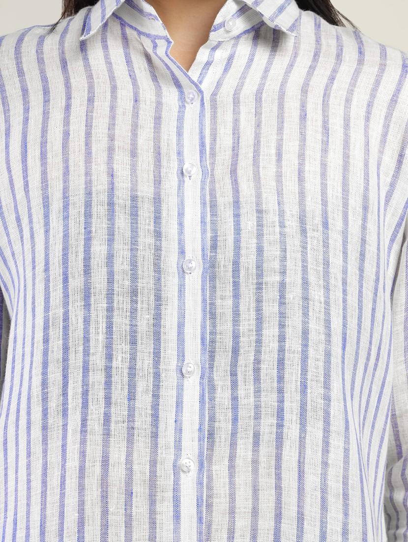 women striped collared long sleeve shirt - 22038385 - Standard Image - 4