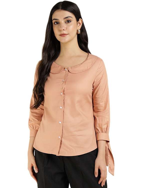 women solid peter pan collar three quarter sleeve shirt - 22038386 -  Standard Image - 1