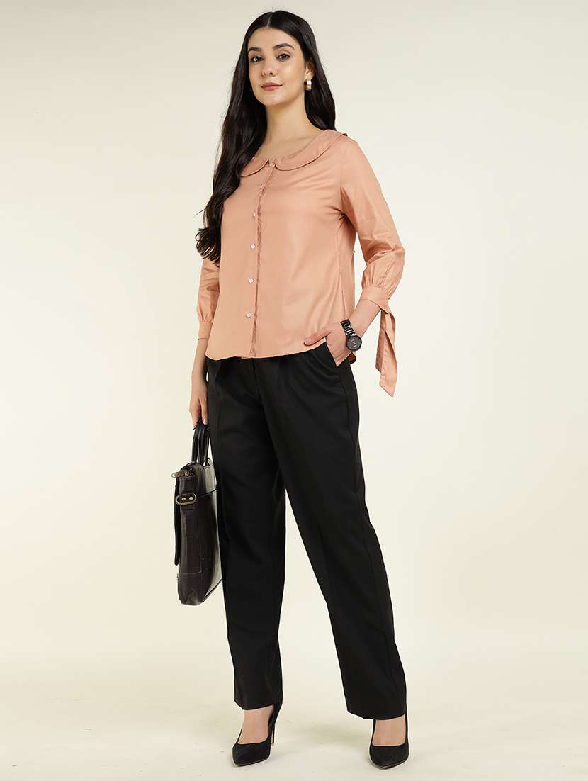 women solid peter pan collar three quarter sleeve shirt - 22038386 -  Standard Image - 4