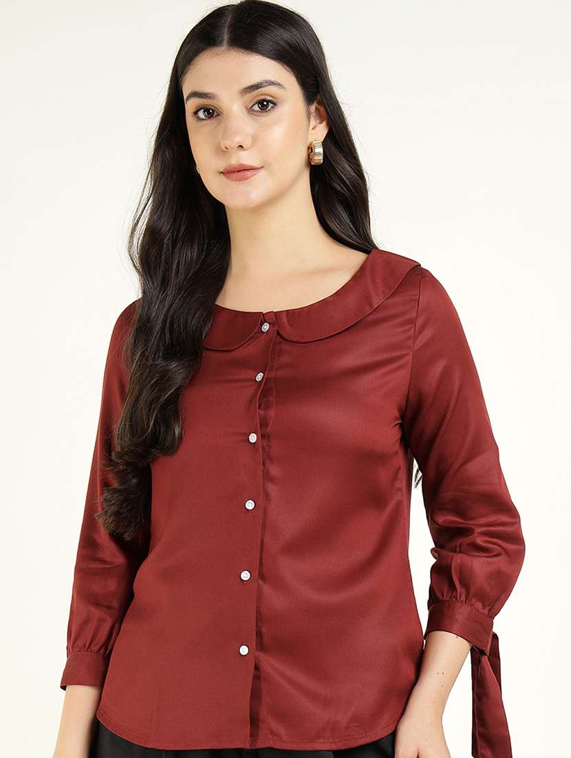 women solid peter pan collar regular fit shirt