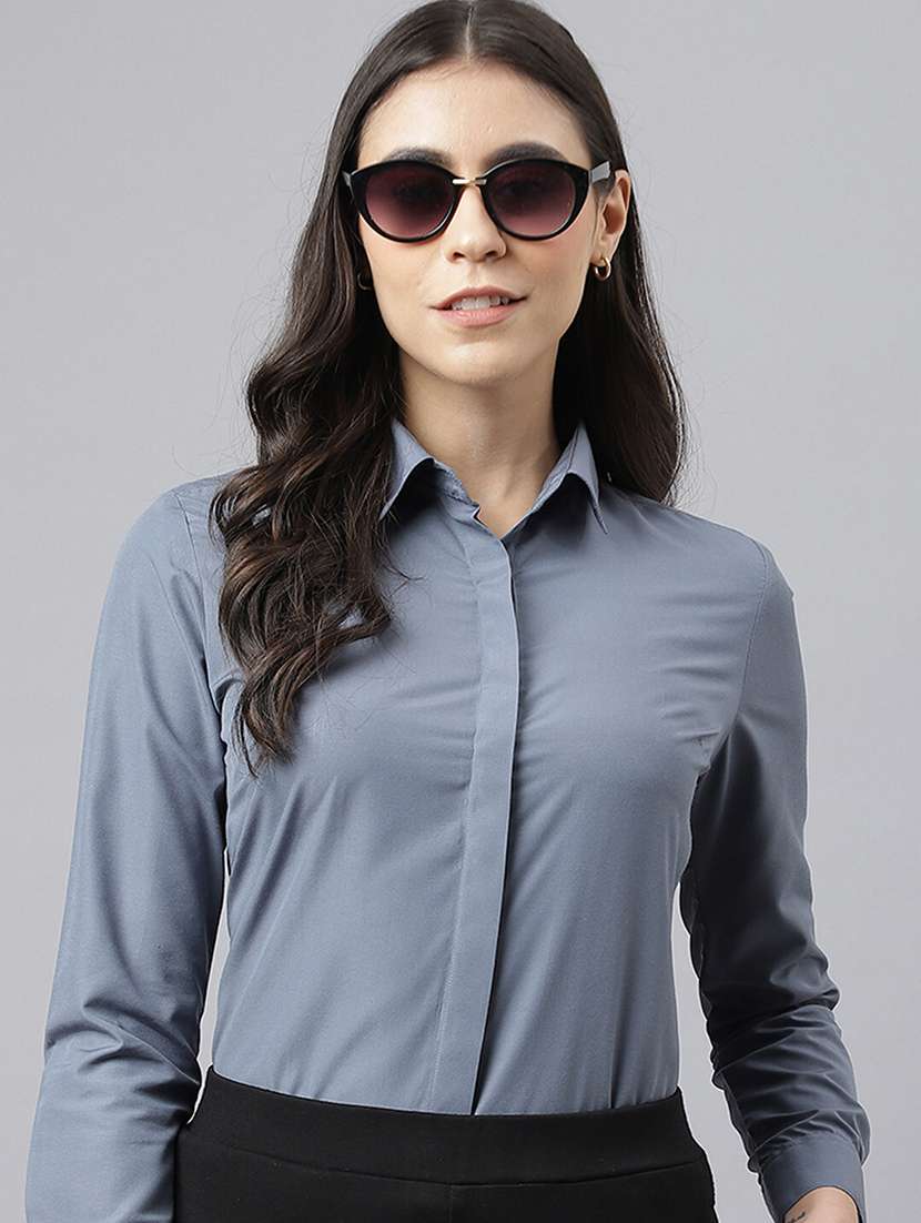 women solid collared long sleeve shirt