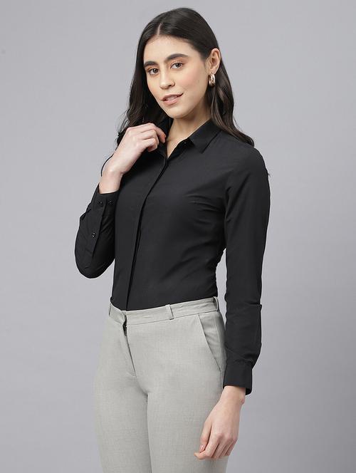 women solid collared long sleeve regular fit shirt - 22038395 - Standard Image - 0