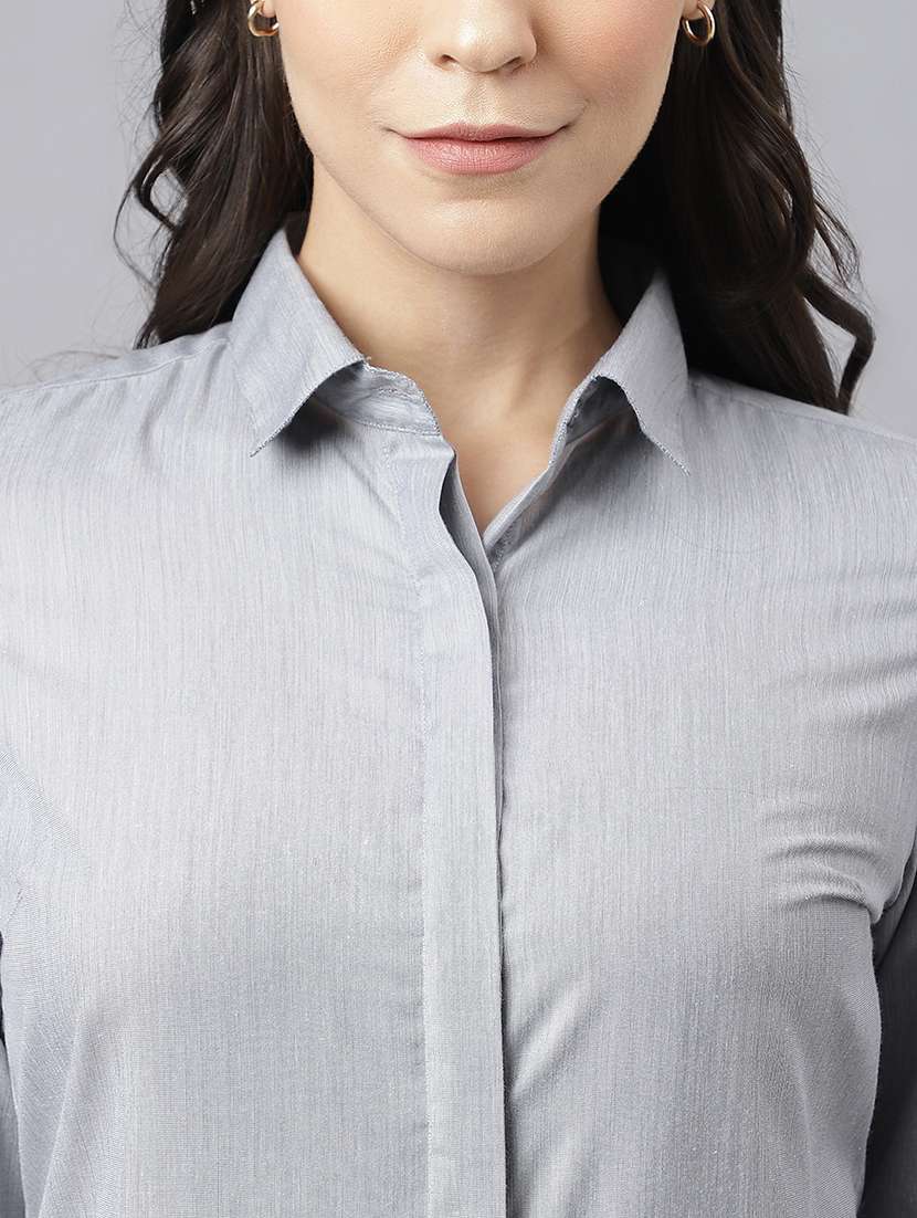 women solid collared long sleeve shirt - 22038410 -  Standard Image - 4